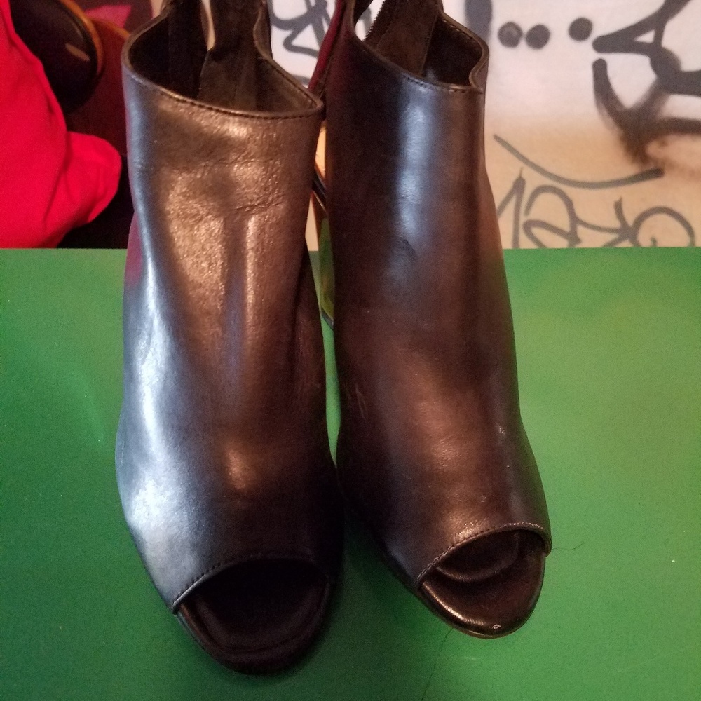 Genuine Black Leather Gold Wedged Heels